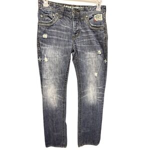 Affliction Jeans Mens 30 Blue Distressed Button Fly Cross‎ Embroidered Stitching
